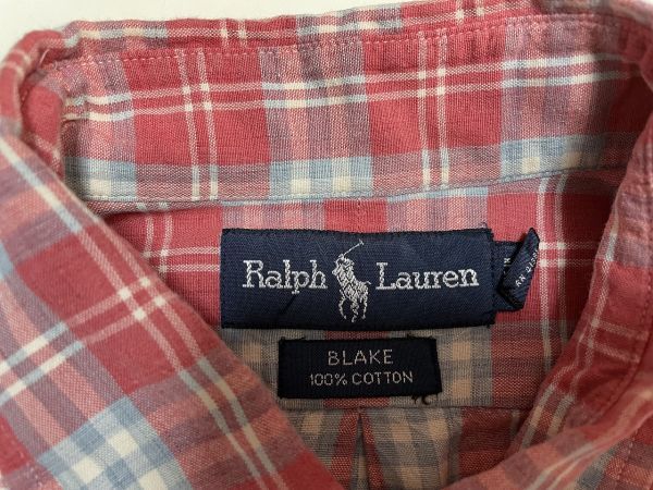 ☆US古着 Ralph Lauren ラルフローレン 半袖シャツ チェック柄 ポニーロゴ刺繍 ピンク赤系【M】コットン　　　　　◆3460◆_画像4