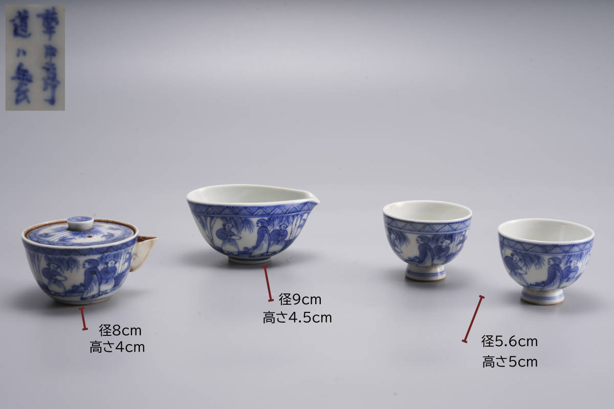 中国古玩 古美術 時代 古染付 風景人物文茶道具4点セット 唐物 bpbd