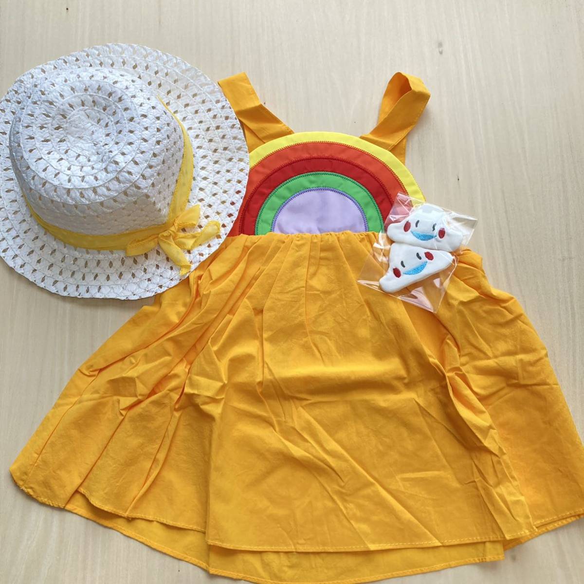  new goods unused girl One-piece Kids baby straw hat set set sale summer 90 tops rainbow yellow color 