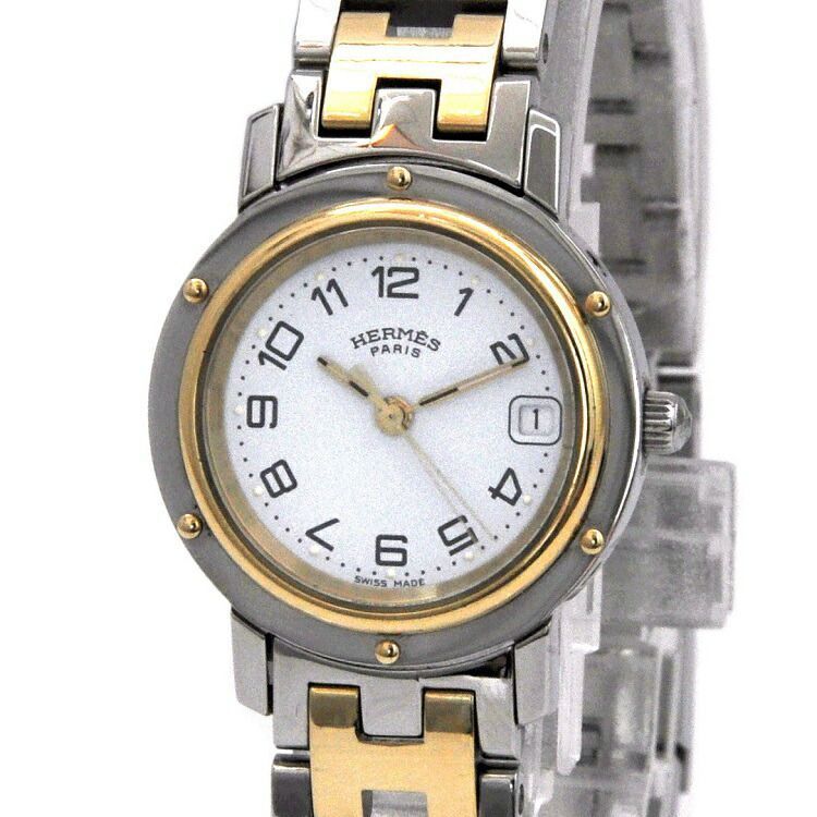 エルメス 腕時計 クリッパー ホワイト シルバー ゴールド CL4.220 美品 SS クオーツ HERMES 白
