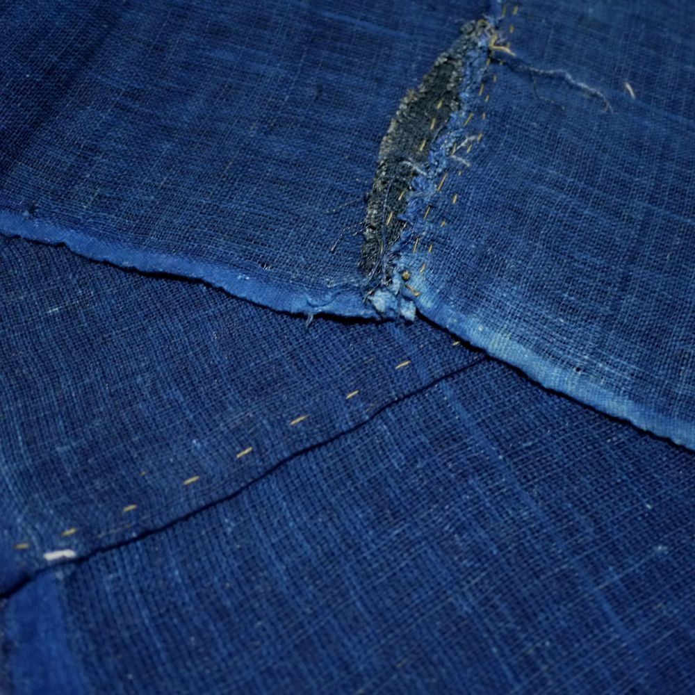 07）アンティーク　本麻の蚊帳の解き　はぎれ　古布　藍染め　2枚セット_画像7
