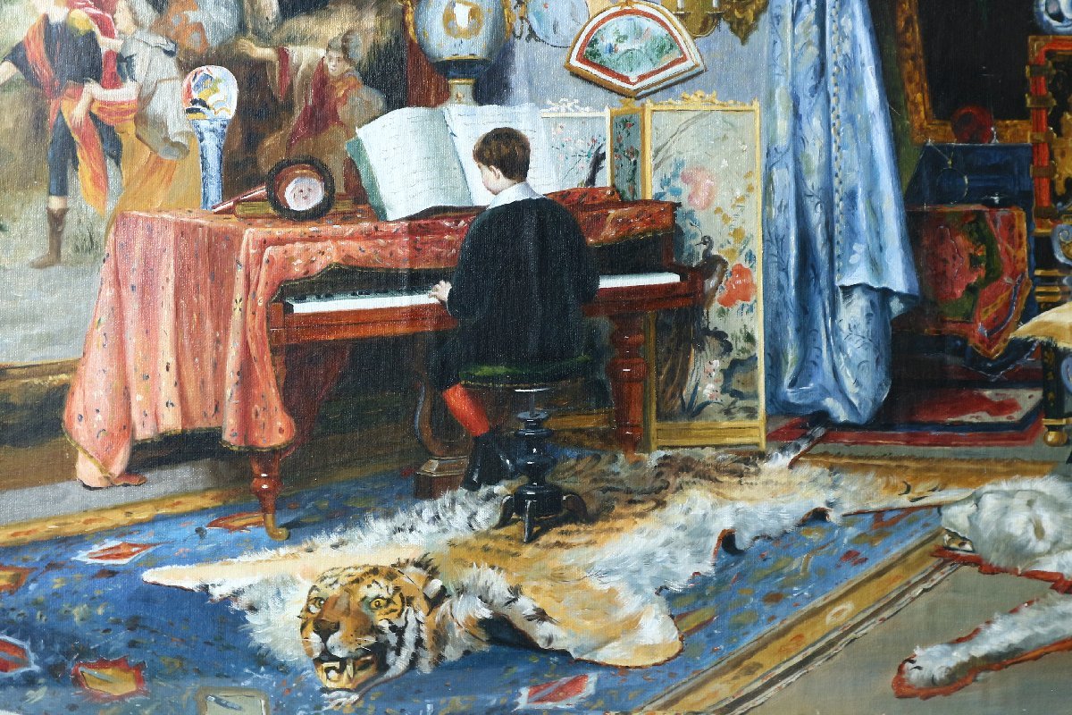 Donaciano 「ピアノを弾く少年と2人の婦人」 油彩画 額装品 大型 / Oil painting 西洋 貴族 ピアノ_画像5