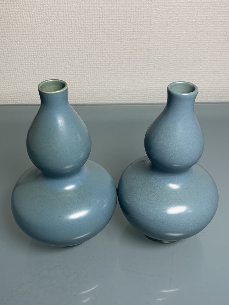 【聚寶堂】大明嘉慶年制款 天青釉 葫蘆瓶 極少品 一対 高さ16.5cm LJ-2-2_画像1