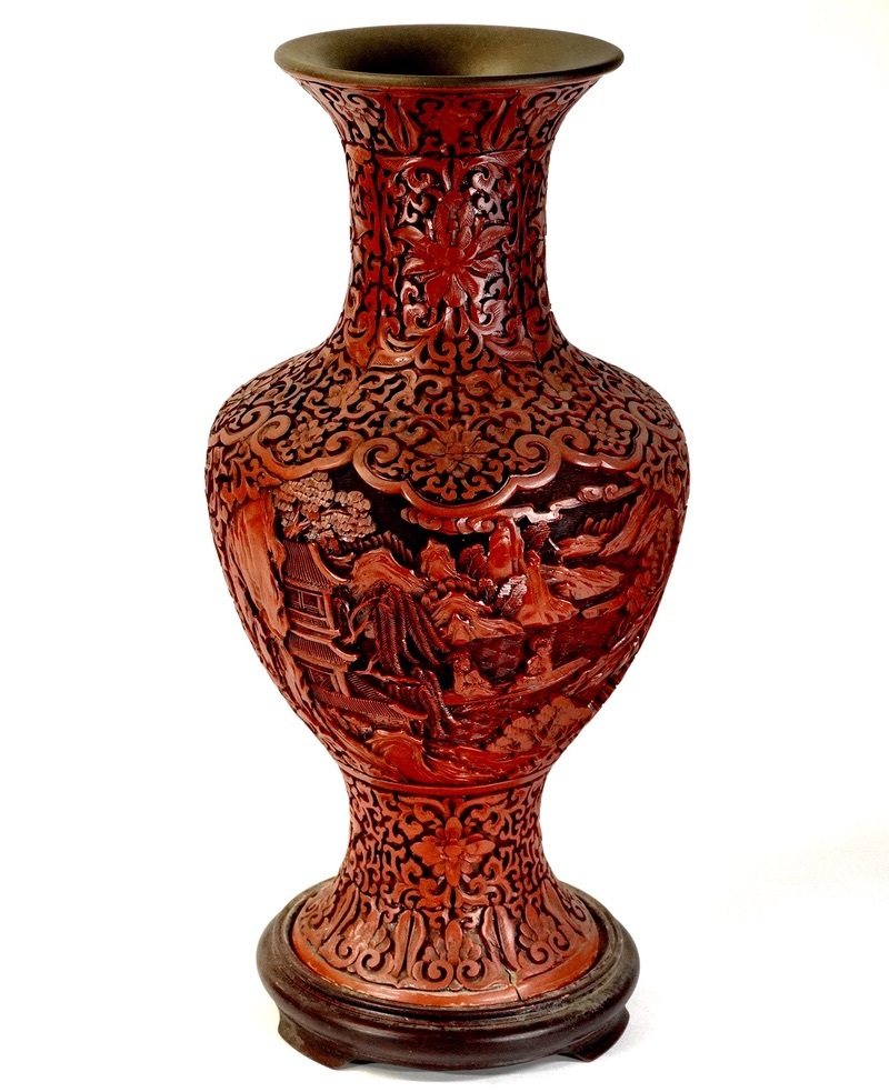 新作ウエア 中国美術 中国古玩 堆朱大花瓶 極上剔紅彫草山水漆彫 細密 