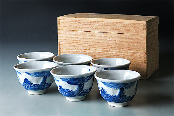 中国 藍釉吹墨 煎茶碗 四客 時代箱付 M R4521 | labiela.com