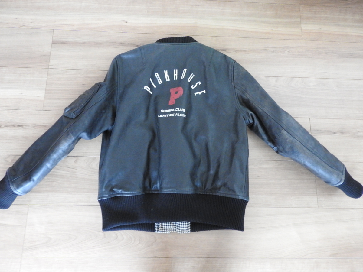 ** Pink House PINK HOUSE cow leather Karl hell m jacket blouson back print black black rare Vintage **