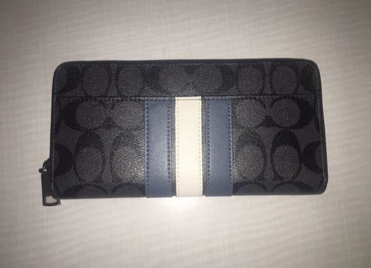 ☆COACH コーチ F26070 長財布 シグネチャー ブラック 黒 ネイビーホワイトライン 紺白系 ラウンドジップウォレット☆ COACH コーチ 長財布 シグネチャー ブラック 黒