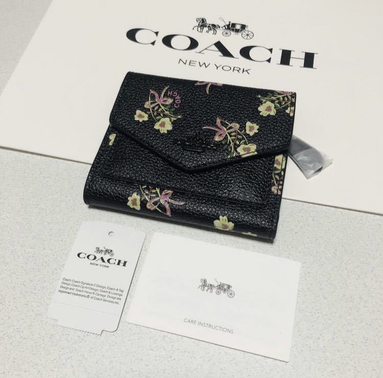 ☆COACH コーチ F28445 スモールウォレット ウィズフローラルボウプリント 三つ折り財布 黒 ブラック 花柄☆ 