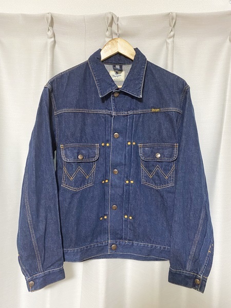 美品☆【90s Wrangler】11MJ 復刻 濃紺 トラッカーインディゴデニムジャケット 日本製 E4007 ラングラー_画像1