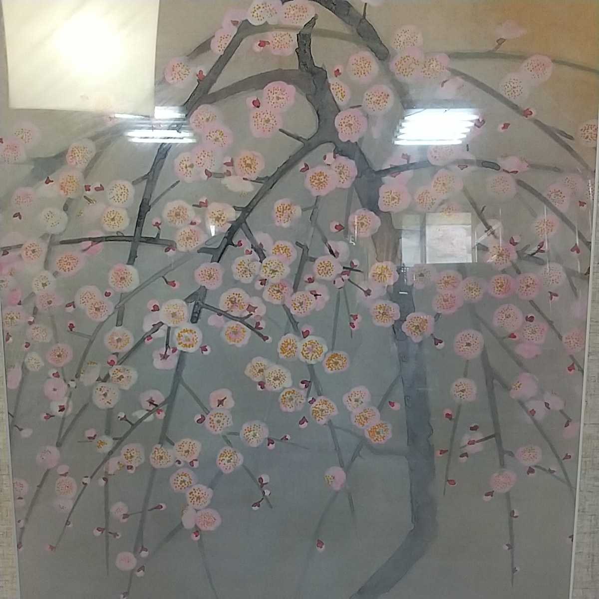9463同梱NG○布地絵 枝垂れ桜 しだれ 桃花 春 在銘 絵画 額装 日本画