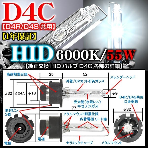 いすゞ車24V/55W・6000K/車検対応D4C/D4R・D4S共用タイプ1/純正交換HIDバルブ2個セット_画像4