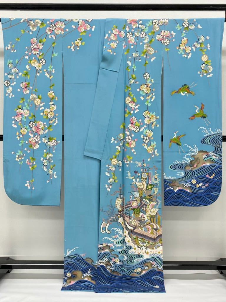 book@.... tea ..... entering long-sleeved kimono boat crane bird Sakura silk pearl tone has processed K007