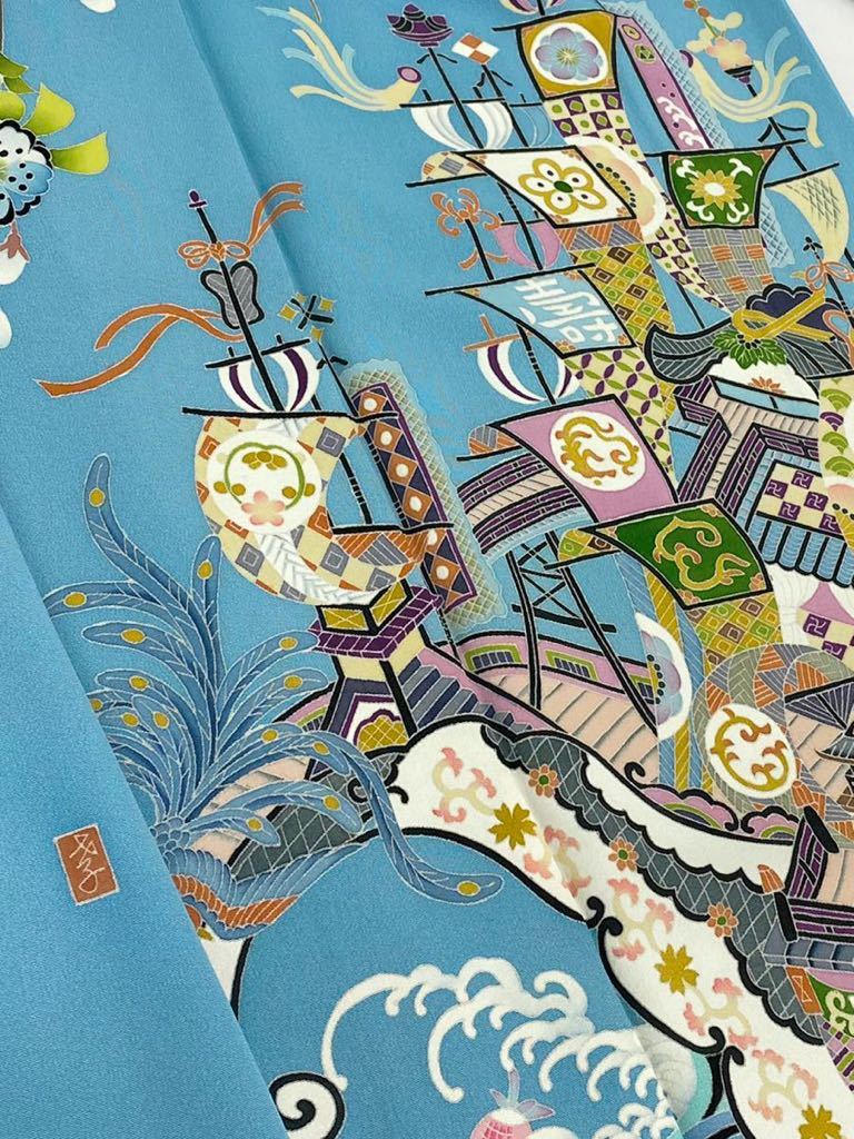 book@.... tea ..... entering long-sleeved kimono boat crane bird Sakura silk pearl tone has processed K007