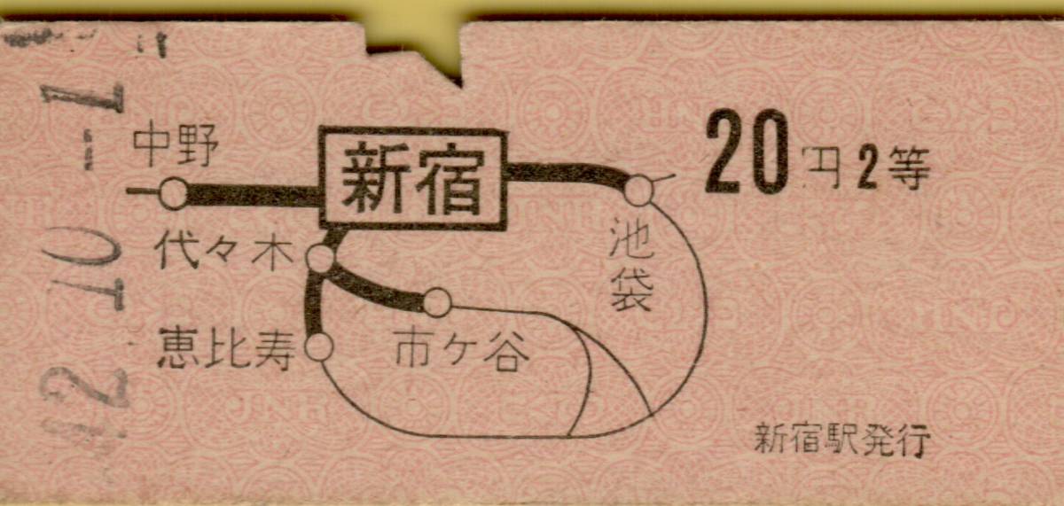 ◎ 国鉄 新宿 ２０円 【 地図式 乗車券 】Ｓ４２.１０.１ 新宿駅 発行 ２等　Ｂ型　_画像1