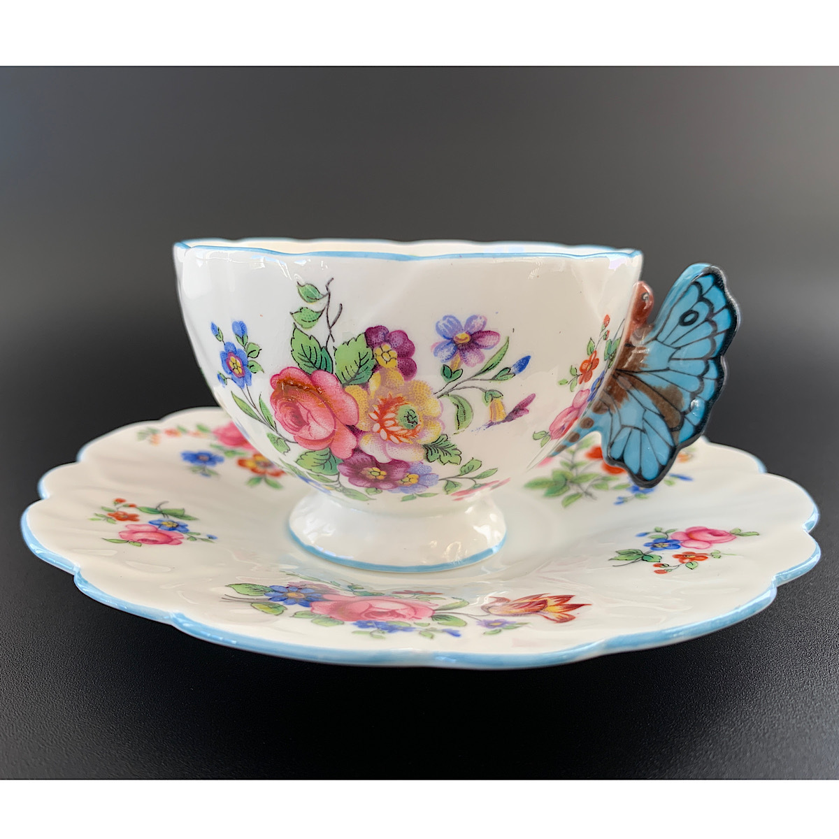 [ очень редкий!!] Aynsley 1930 годы производства 80 год после . бабочка руль цветок рисунок чайная чашка & блюдце прекрасный товар!!