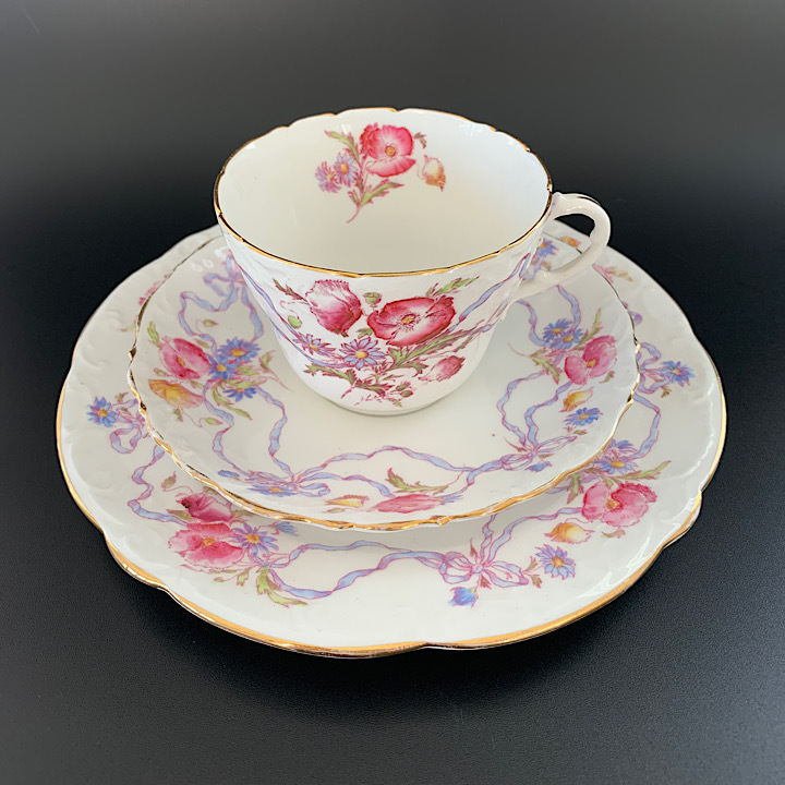 [ редкий!] Британия прямой импорт! Aynsley античный 1890 годы производства цветок лента рисунок чайная чашка Trio прекрасный товар!