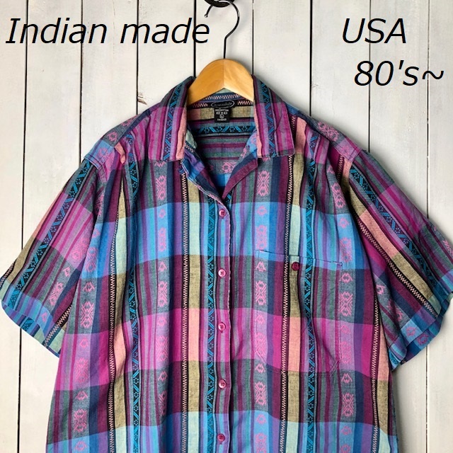 sh●357 USA古着 80s～90s インド綿 マドラスチェック×エスニック模様 開襟シャツ L～XL オールド ヴィンテージ アメリカ古着  レトロ 春夏