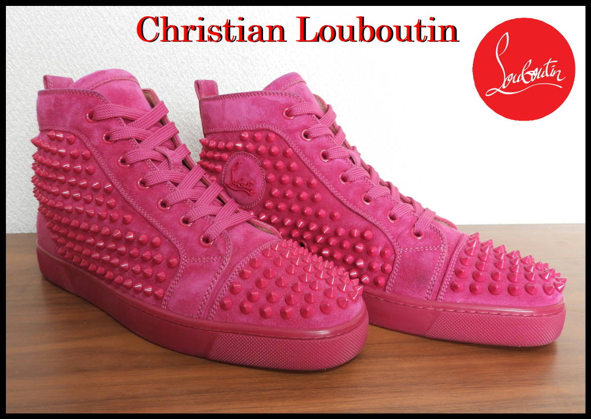 完売 Christian Louboutin ルイススパイク クリスチャンルブタン ピンク ローズ 41 メンズ ハイカットスニーカー 正規品 スタッズ 程度良好