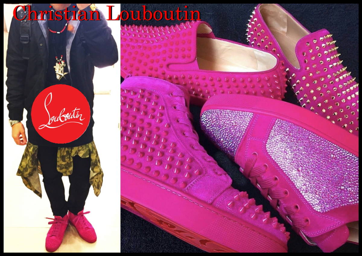 完売 Christian Louboutin ルイススパイク クリスチャンルブタン ピンク ローズ 41 メンズ ハイカットスニーカー 正規品 スタッズ 程度良好