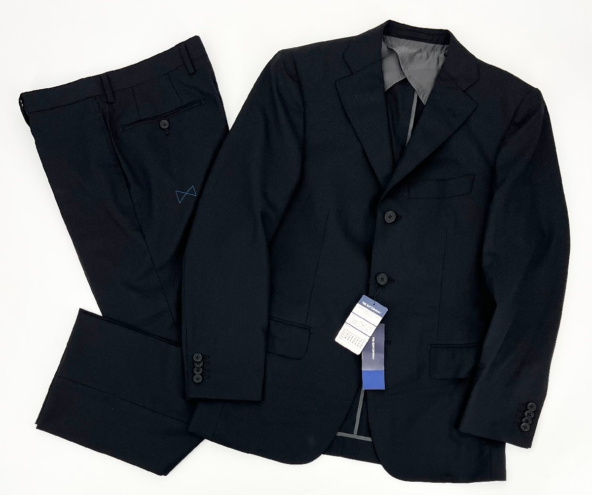未使用品 THE SUIT COMPANY スーツカンパニー SUPER100's ウール シングル 3B ノータック スーツ 通年素材 165cm-8drop S相当 黒/ブラック
