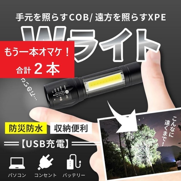 2個1セット LED ライト ペンライト 懐中電灯 小型 USB 充電式 停電