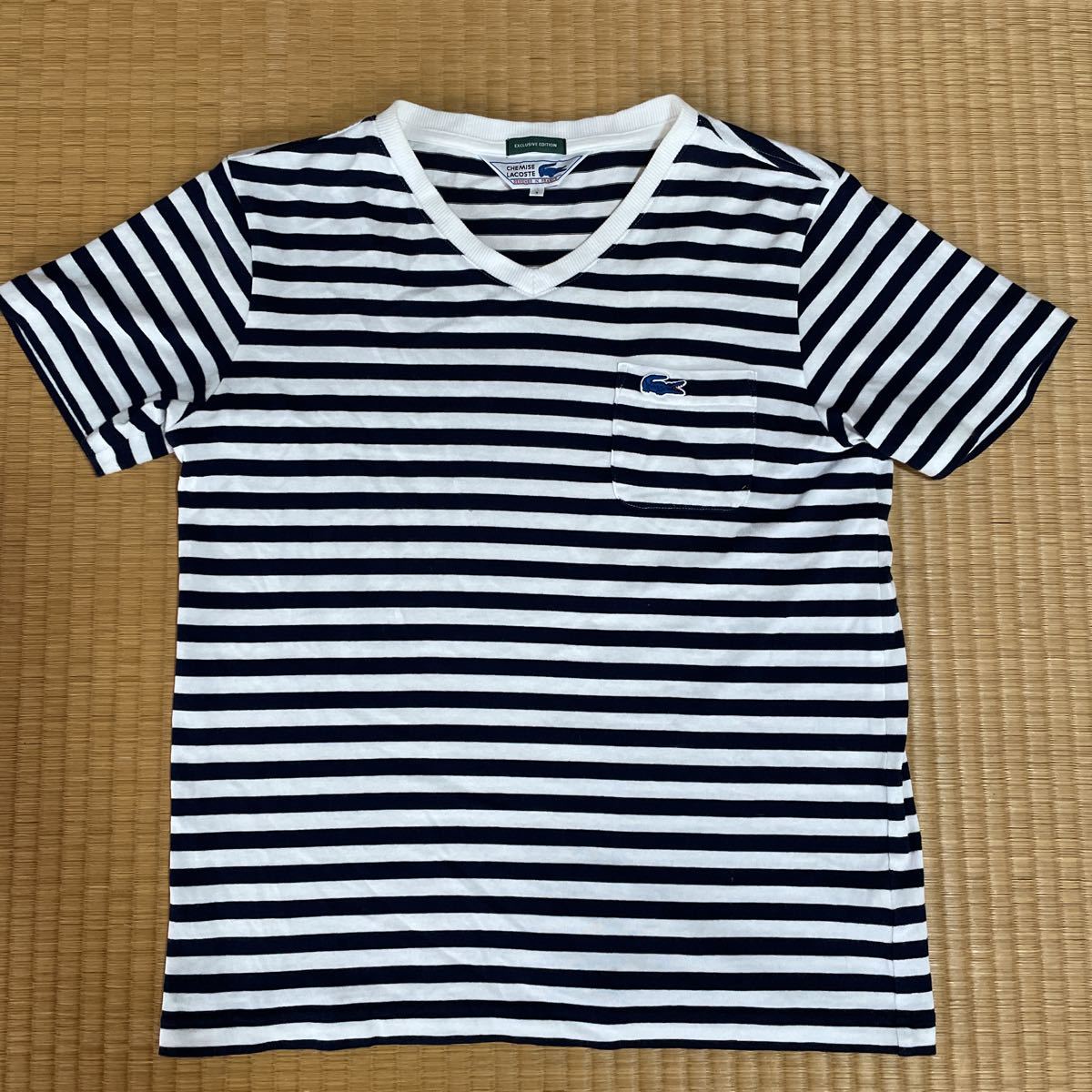 LACOSTE ラコステ ボーダー ポケット Tシャツ 黒x白 レア_画像1