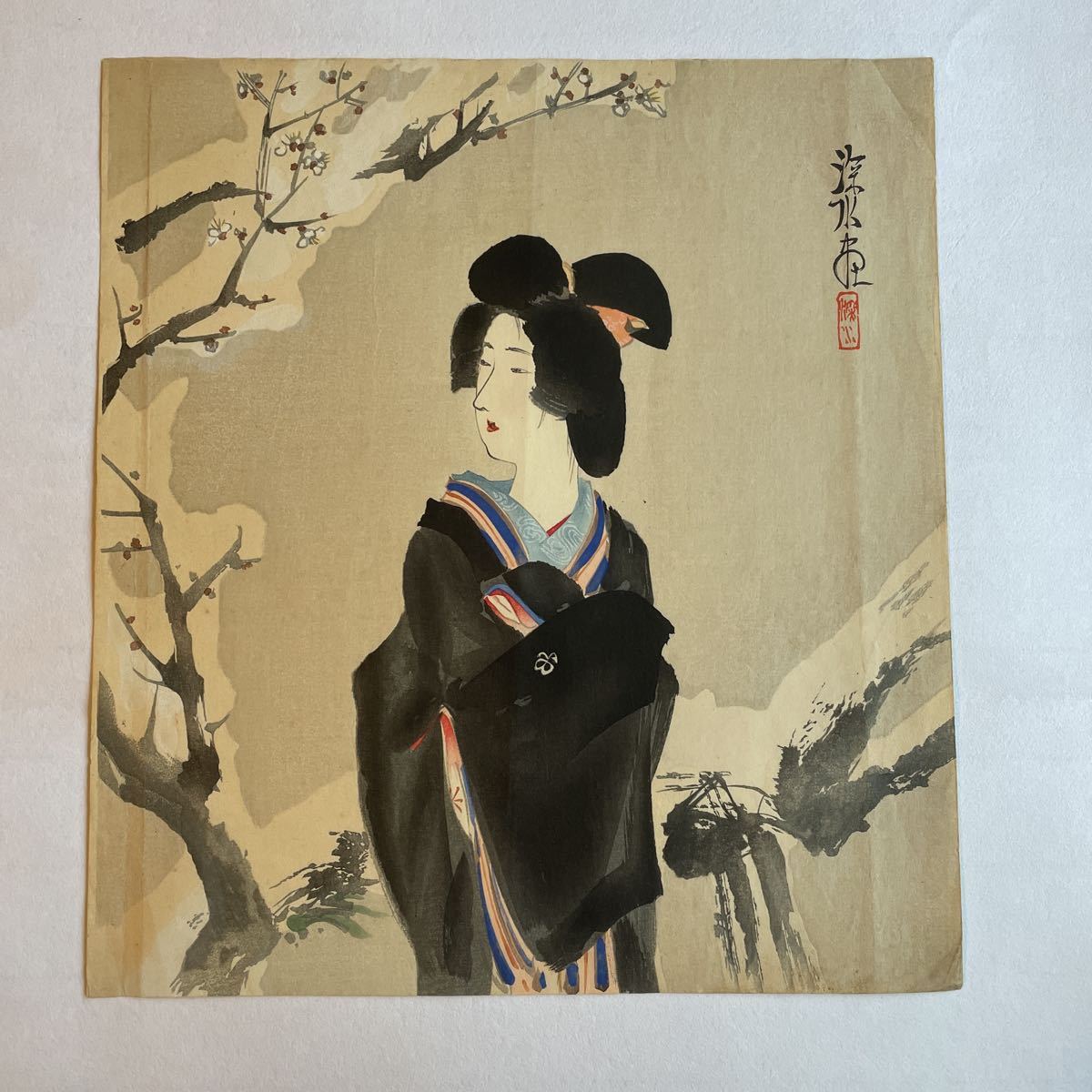 即日出荷即日出荷限定枚数250部 伊東深水 「春雨」 木版画 高級額装