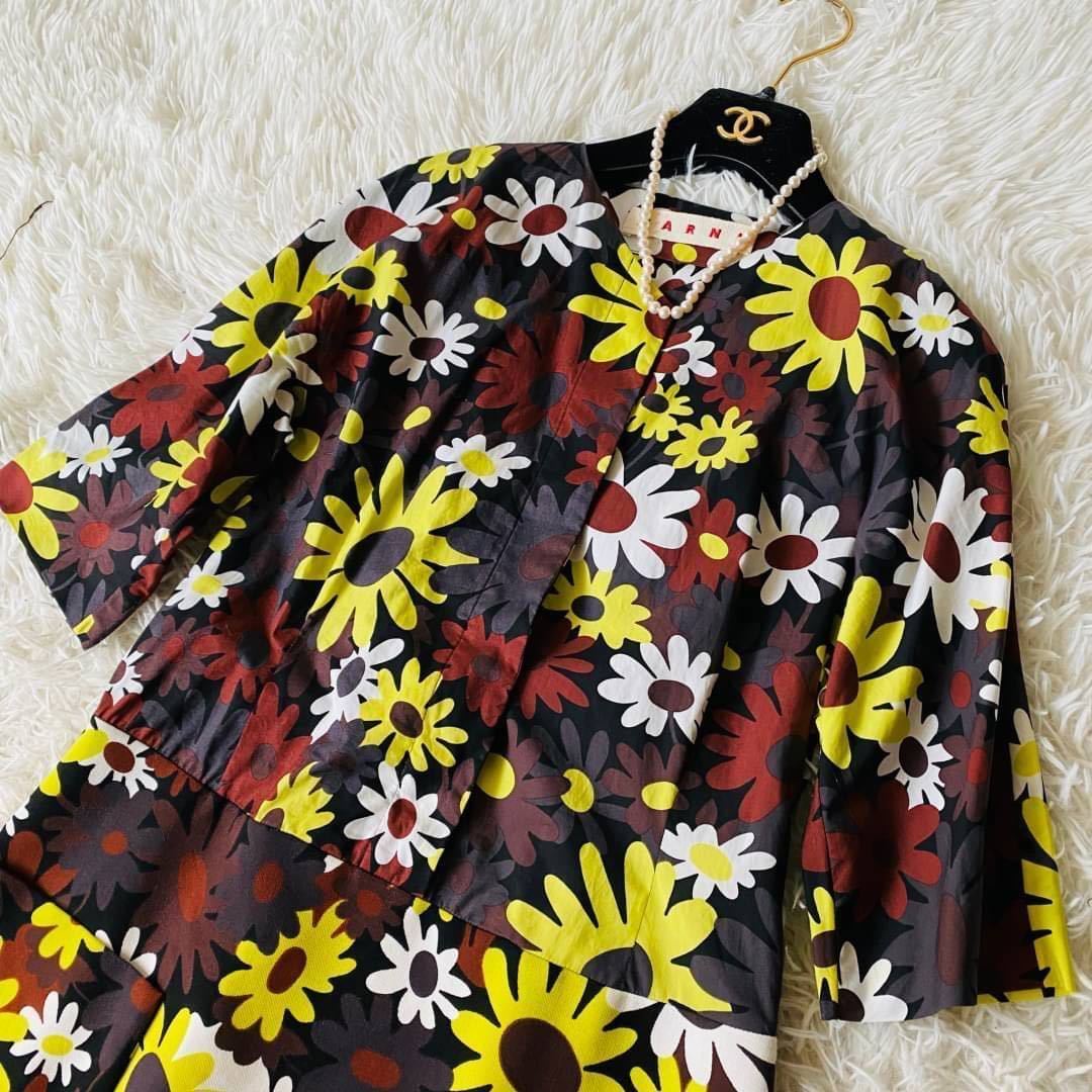 極美品 マルニ 総柄 花柄 ノーカラー 美ライン ワンピース イタリア製