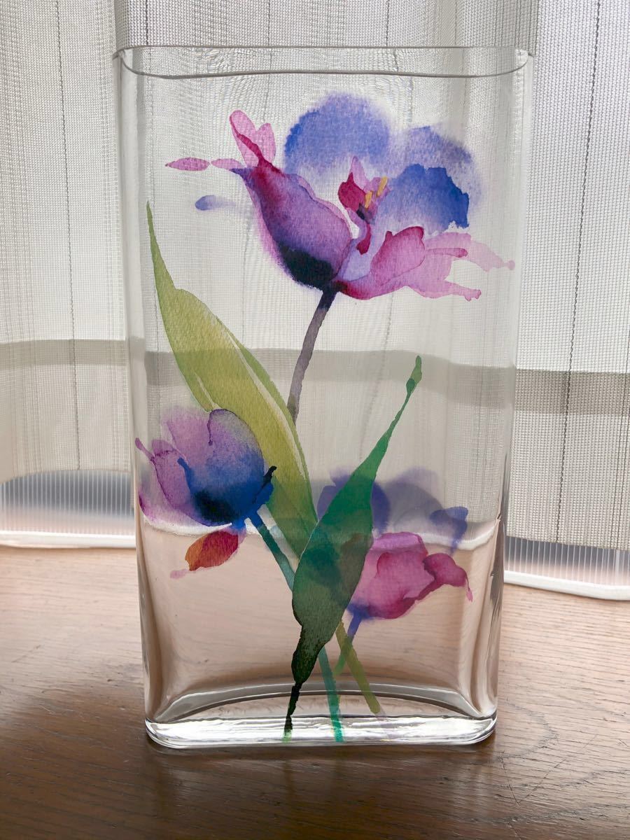 フラワープリントのガラス花瓶【中古品】【おまけ付き】