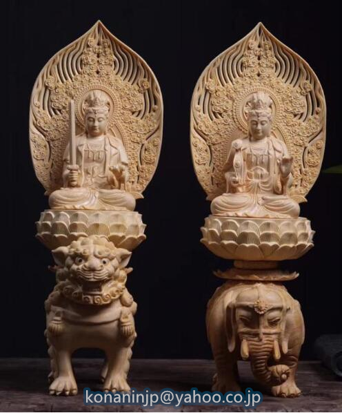 新品推薦◆仏教美術 精密彫刻 仏像 手彫り 極上品 “文殊菩薩座像”　“普賢菩薩座像”