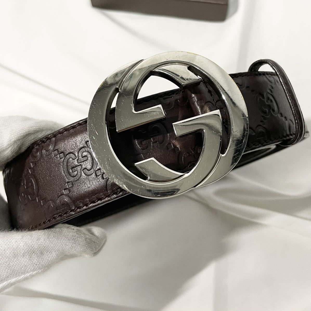 1円【上美品】GUCCI グッチ ベルト インターロッキング シマレザー GG