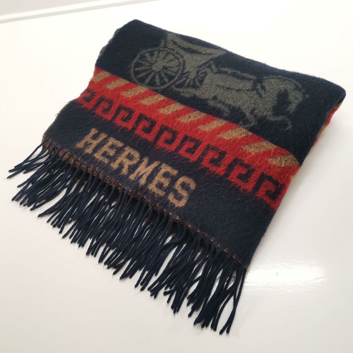 エルメス HERMES マフラー レッド ネイビー サイズ約172×75cm ひざ掛け