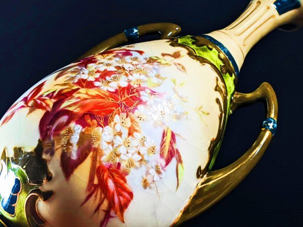 圧巻 1890年代 ヴィエナスタイル VIENNA STYLE オーストリア製 ウィーン アンティーク アールヌーボ 花装飾紋 ハンドペイント 双手花瓶_画像5