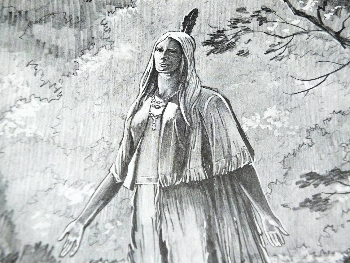 デッサン風イラスト　ポカホンタスの銅像　The Pocahontas statue 額装　35×46ｃｍ　モノクロ　アート　インテリア　作品詳細不明_画像6