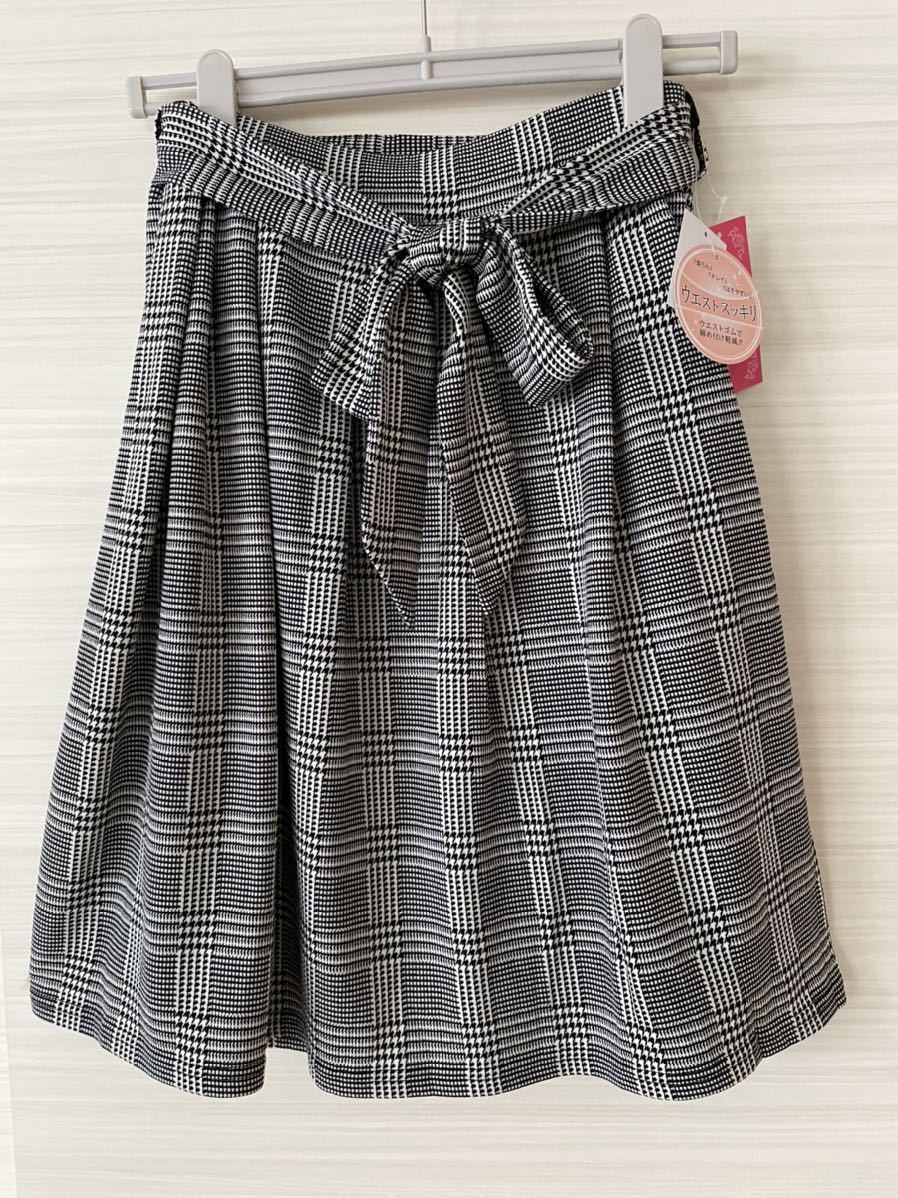 【新品】上品で可愛い♪リボンベルト付き千鳥格子スカート Mサイズ ウエストゴム_画像2