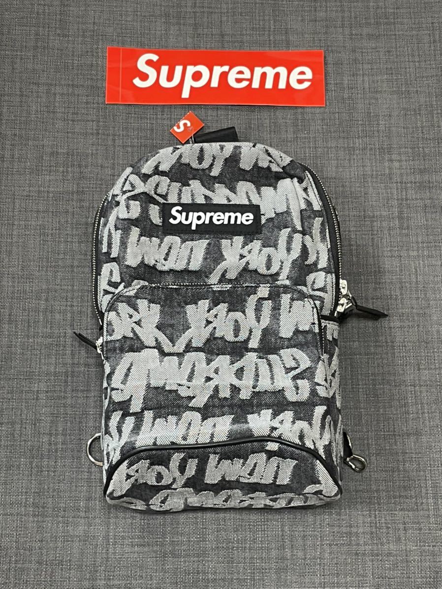 送料無料 黒 Supreme Fat Tip Jacquard Denim Sling Bag Black