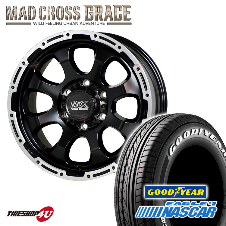 4本セット MADCROSS GRACE グレイス 17x6.5J 6/139.7 +38 グロスブラック EAGLE #1 NASCAR 215/60R17 ホワイトレター ナスカー ハイエース