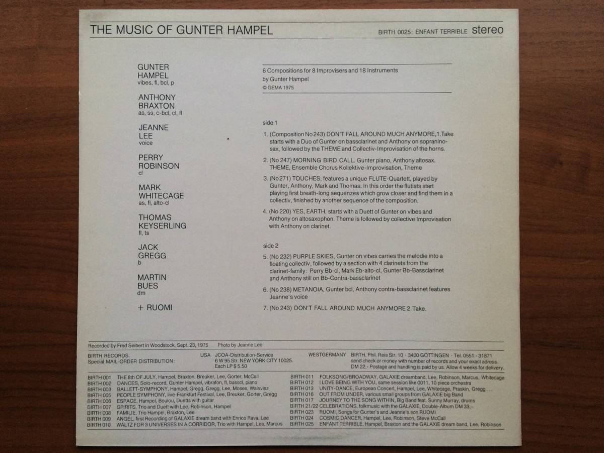 美盤 Gunter Hampel ENFANT TERRIBLE LP with Jeanne Lee, Anthony Braxton, Perry Robinson, Jack Gregg... / Free Jazz_画像6
