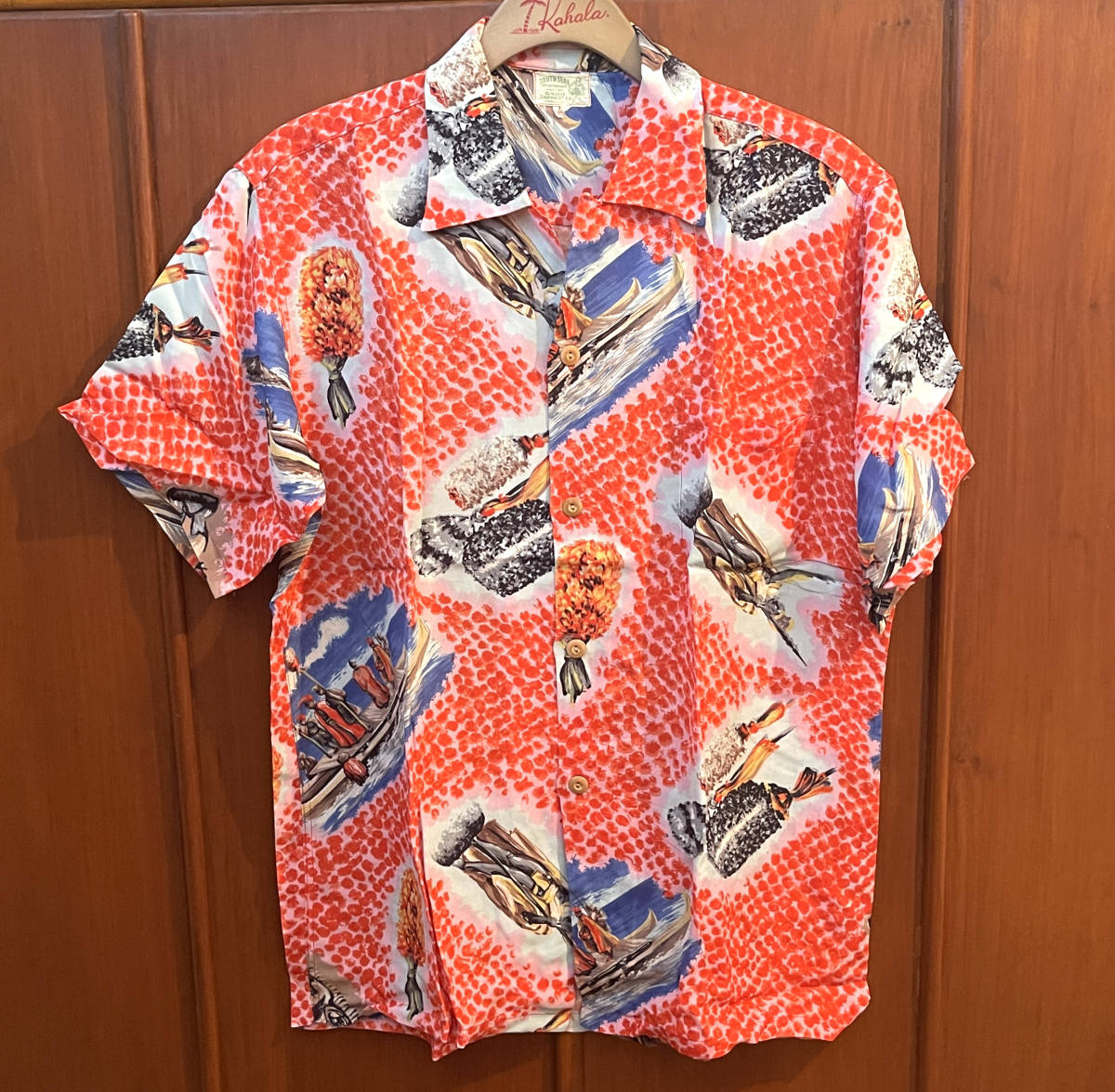 1950s ビンテージ アロハシャツSouth Seas Oahu Garment Co, Kamehameha　TIKI Kahili 柄　M_画像1