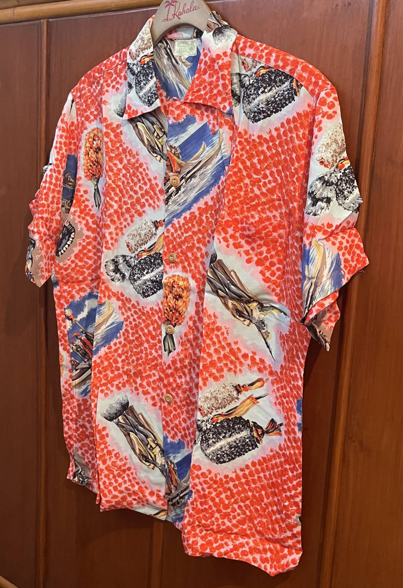 1950s ビンテージ アロハシャツSouth Seas Oahu Garment Co, Kamehameha　TIKI Kahili 柄　M_画像4