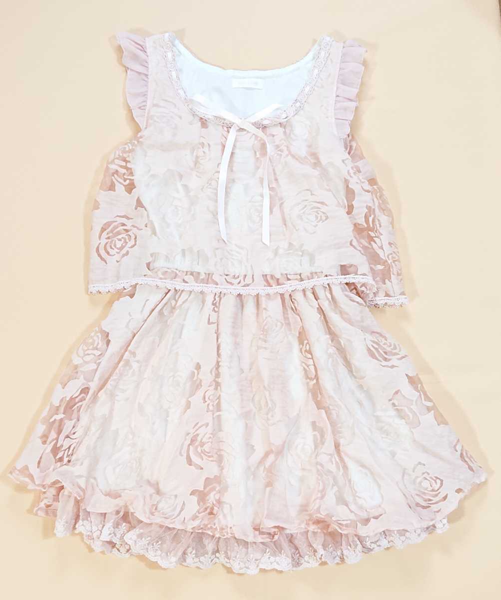 LIZ LISA☆中古美品♪リボン付きバラ柄オーガンジー素材セットアップ風