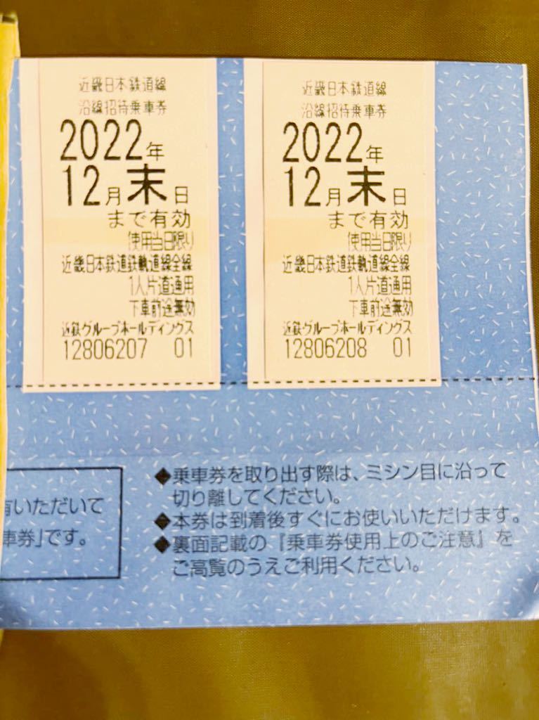 近鉄株主優待乗車券 ２枚セット 近畿日本鉄道 切符 2022年 12月末日有効 送料無料_画像1