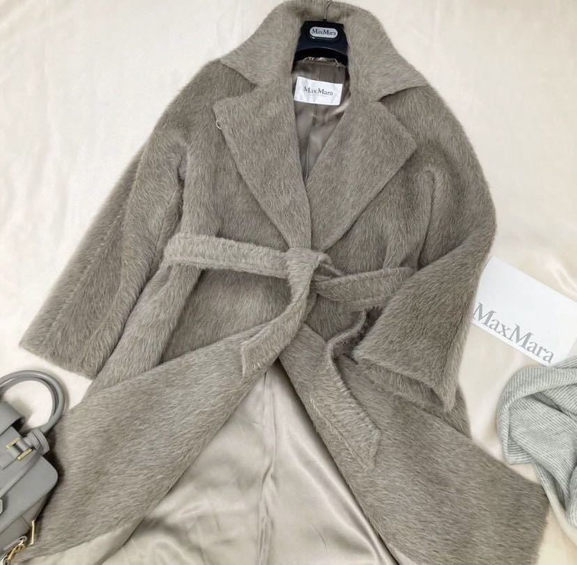未使用 マックスマーラ MaxMara 42 L-XLイタリア製最高峰 白タグ アルパカウールシャギーベルテッドロングコート グレージュ 超希少