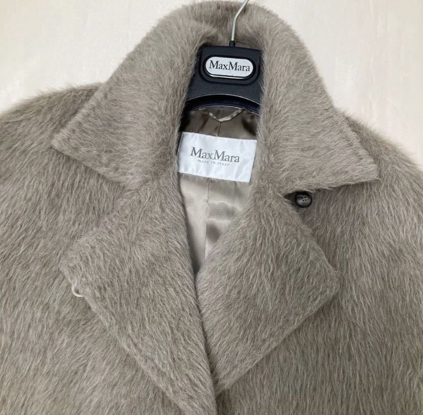 未使用 マックスマーラ MaxMara 42 L-XLイタリア製最高峰 白タグ アルパカウールシャギーベルテッドロングコート グレージュ 超希少