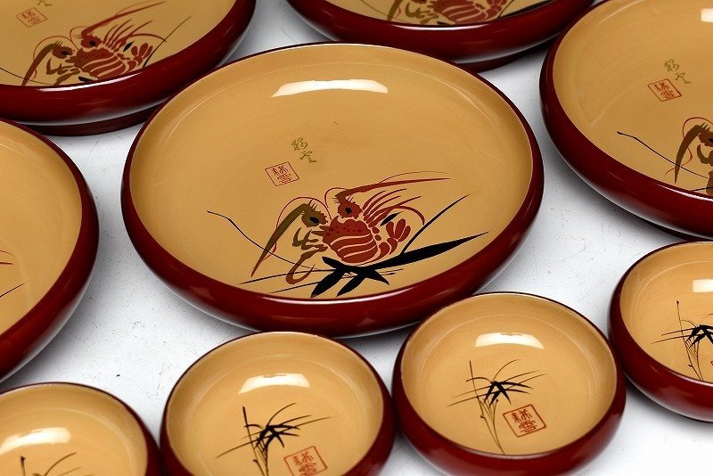 蔵c7072b】輪島塗 朱塗 海老文蒔絵 刺身皿セット 向付小付 五客 共箱