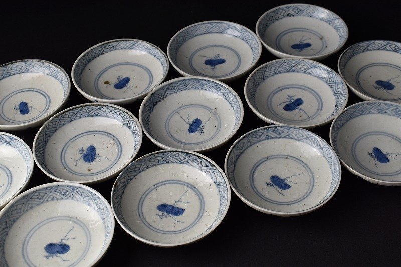 蔵c7359a】古伊万里 染付 蓋茶碗 葡萄蔓に鳥文 飯椀 蓋物 十三客