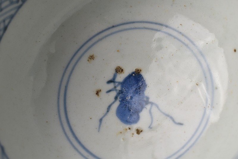 蔵c7359a】古伊万里 染付 蓋茶碗 葡萄蔓に鳥文 飯椀 蓋物 十三客