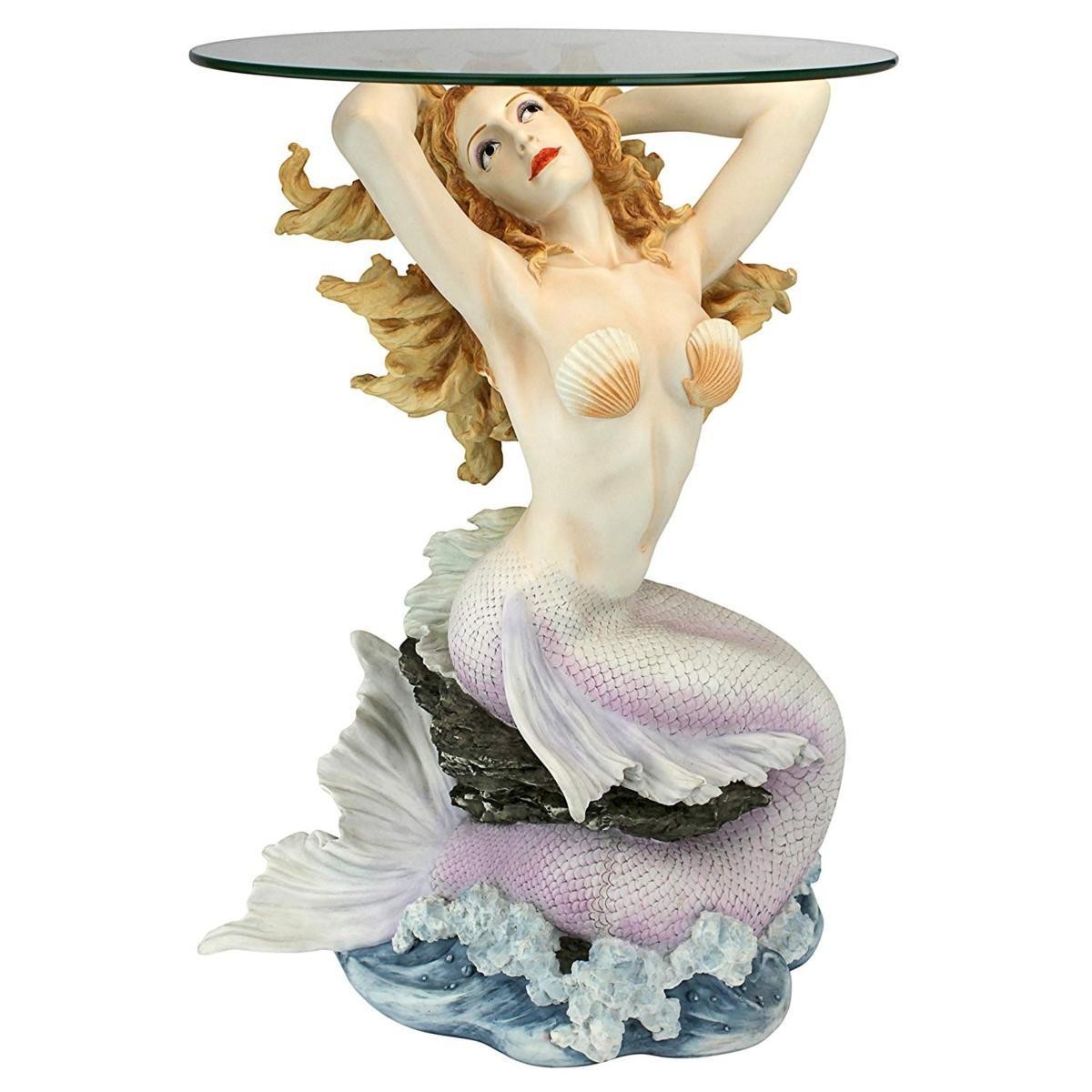 マゼランコーブ沿岸の マーメイド（人魚）台座彫刻 ガラストップ サイドテーブル フルカラー装飾彫像（輸入品