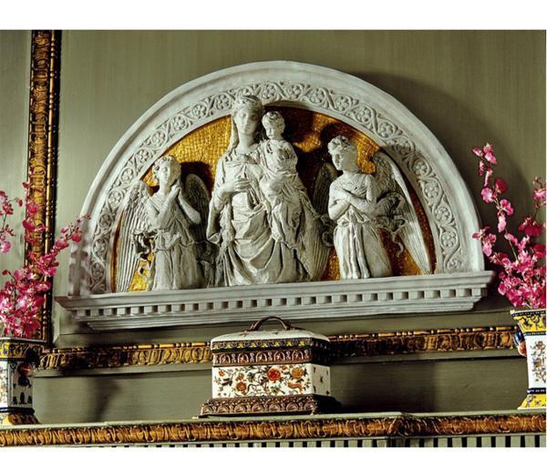 祝福された聖母子 ルネッサンス風 三日月形アーチ彫刻（ルネッタ）アイボリー/ゴールド色壁彫刻（輸入品_画像1