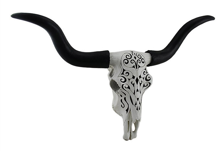 白と黒のデザイン模様のロングホーン/ハンギングスカル頭蓋骨 壁装飾彫像 彫刻（輸入品